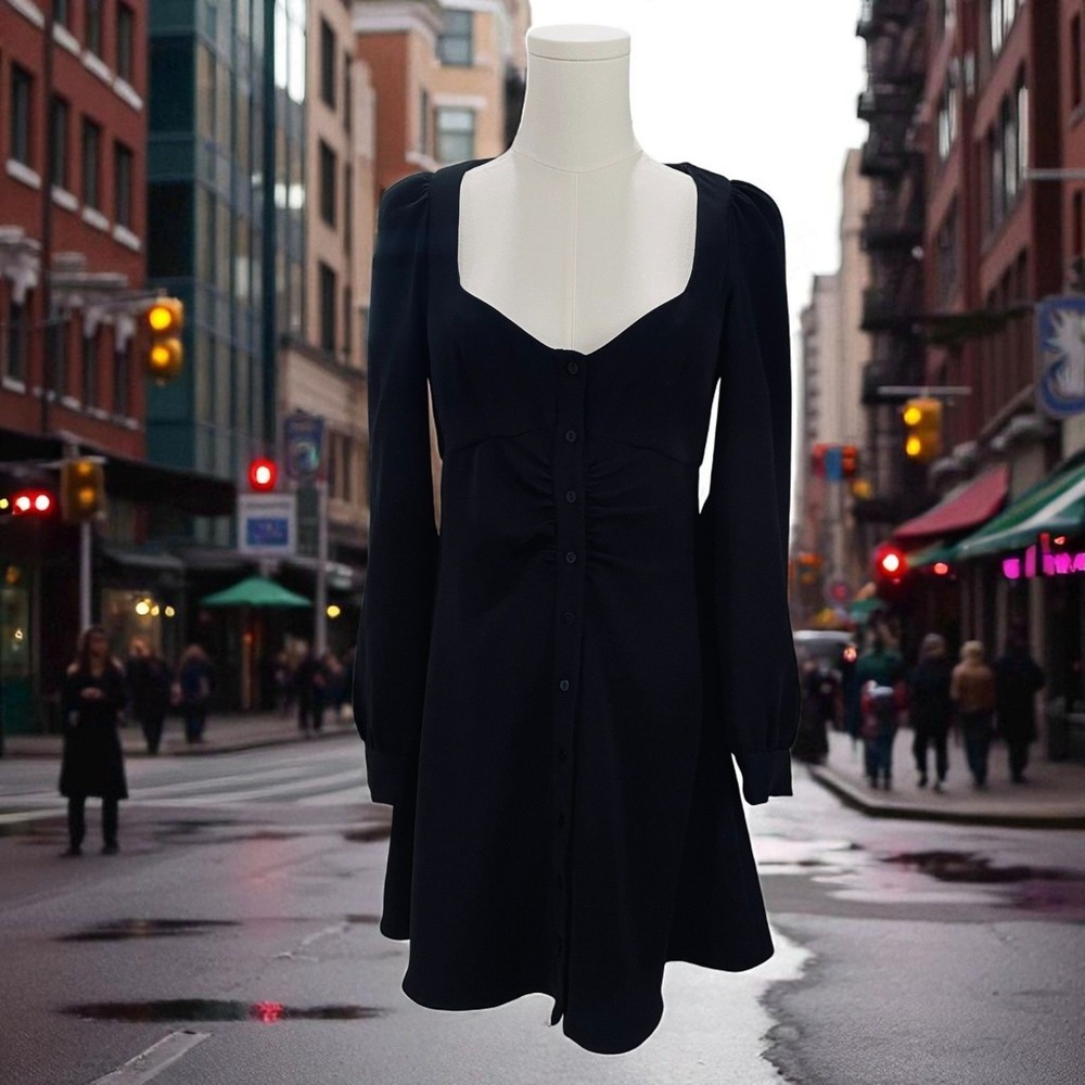 Zara Black Puff‎ Sleeve Mini Dress Button Front Cottagecore Vintage Soft Girl S